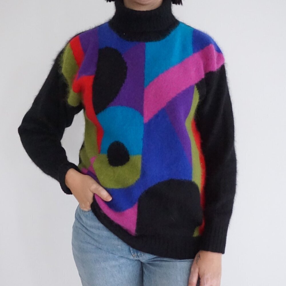 Vintage Rafaella Colorblock Fuzzy Turtleneck Sweater Whimsigoth 80s Retro M
